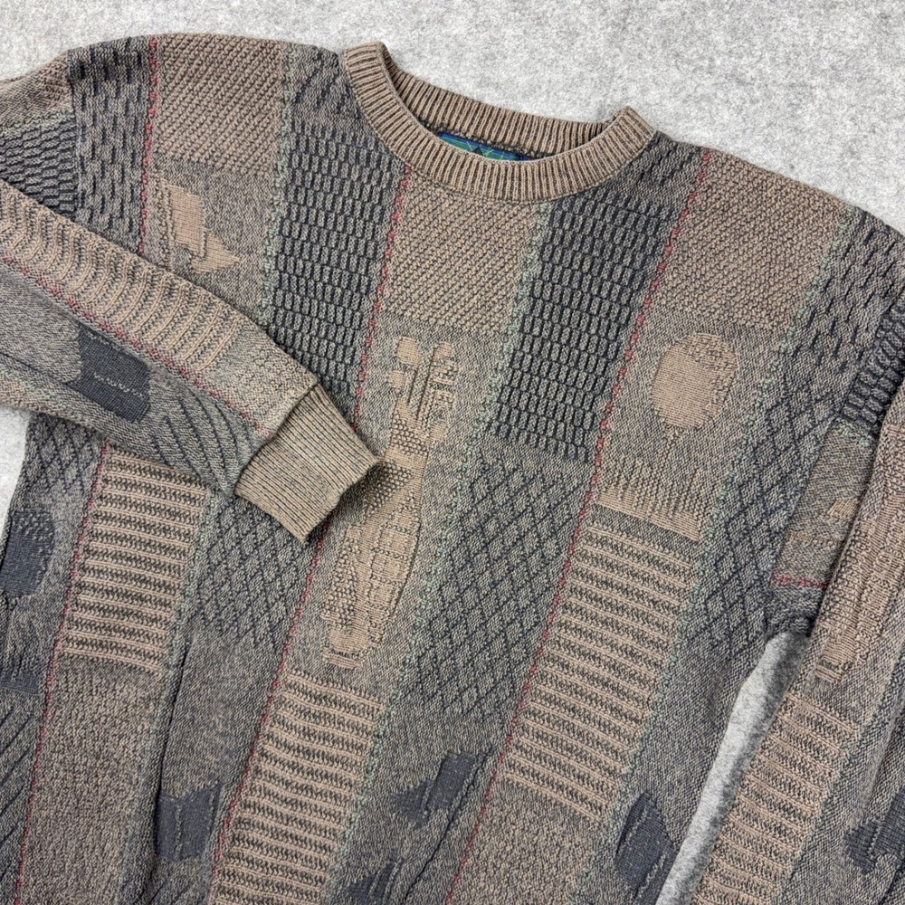 VTG Carmel Sweater Mens Medium Brown Geometric Knit Golf Grandpacore USA 90s